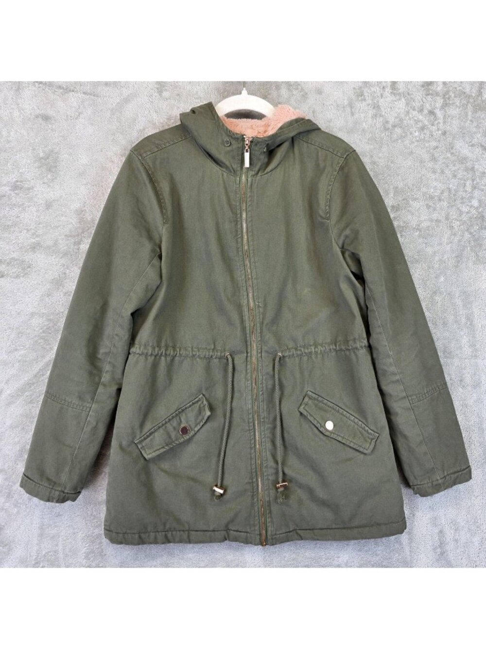Guess Coat Womens Small Green Cotton Hooded Parka Faux Fur Lined Mid Length